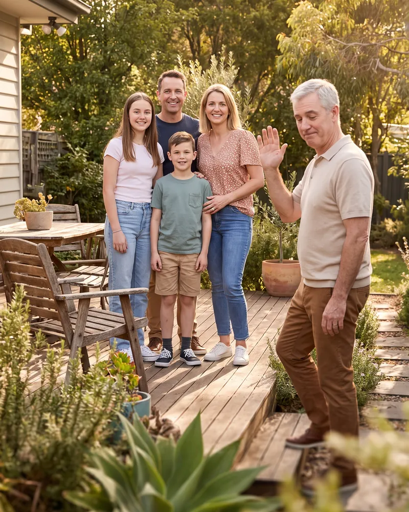 A grandfather stepping out of a family photo in a sunny backyard while the rest of the family smiles