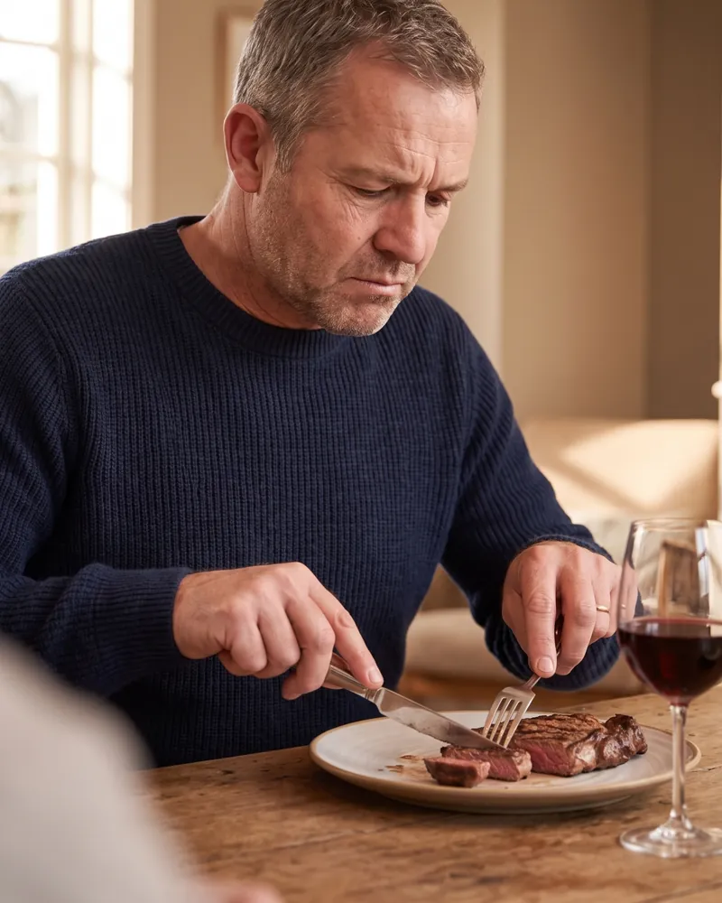 A man at a dinner table carefully cutting a steak into small pieces